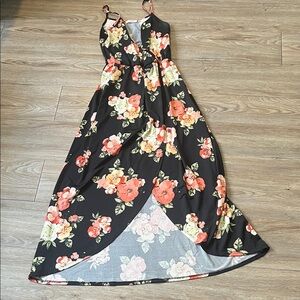 Floral Wrap Maxi Dress - Black with Coral & Cream Blooms Made In USA